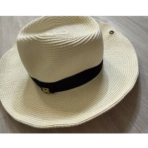 Peter Grimm Cream Straw Sun Hat Wide Brim Fedora Black Ribbon Rabbit Logo O/S